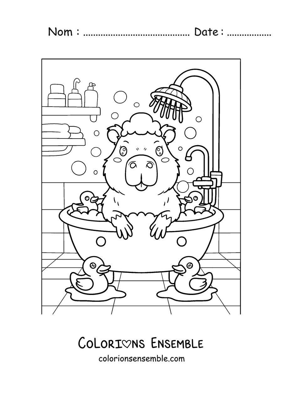 Coloriage d'un capybara dans un bain moussant avec des canards en plastique