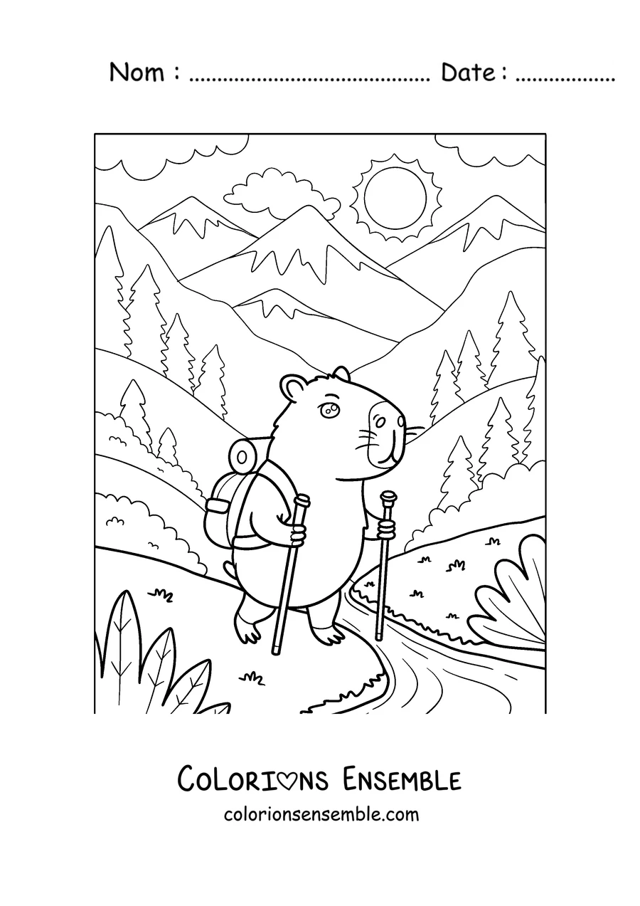 Coloriage d'un capybara en randonnée avec un sac à dos dans la montagne
