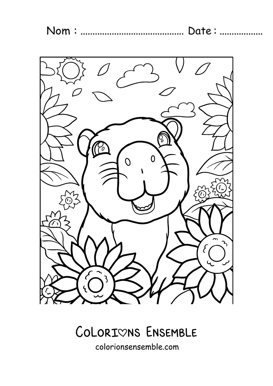 Coloriage d'un capybara au milieu des tournesols