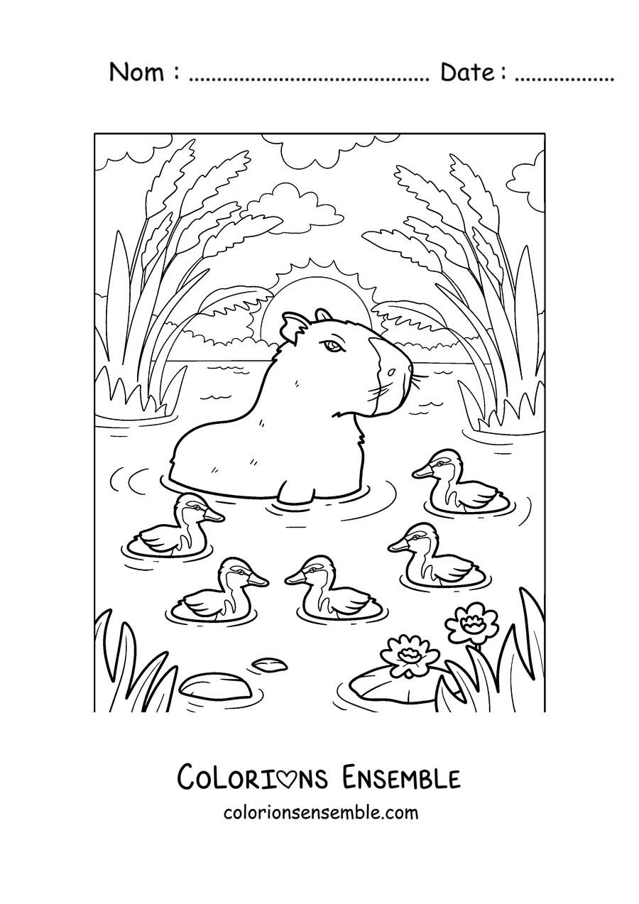 Coloriage d'un capybara qui nage avec des canetons