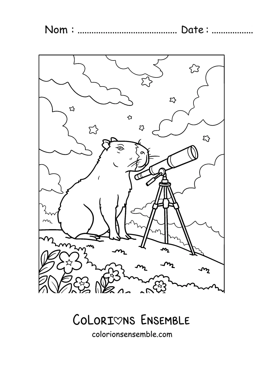 Coloriage d'un capybara qui observe les étoiles avec un télescope