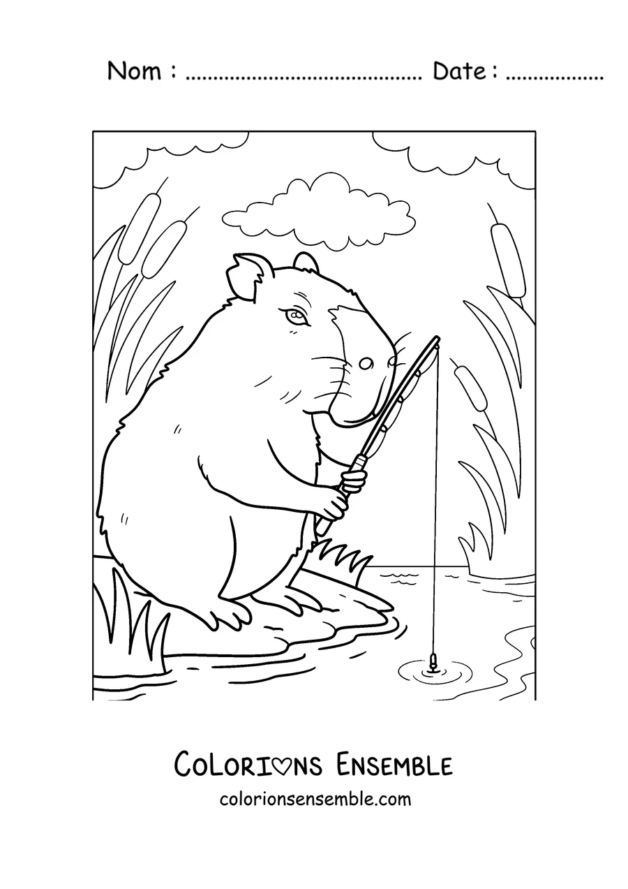 Coloriage d'un capybara qui pêche au bord de la rivière