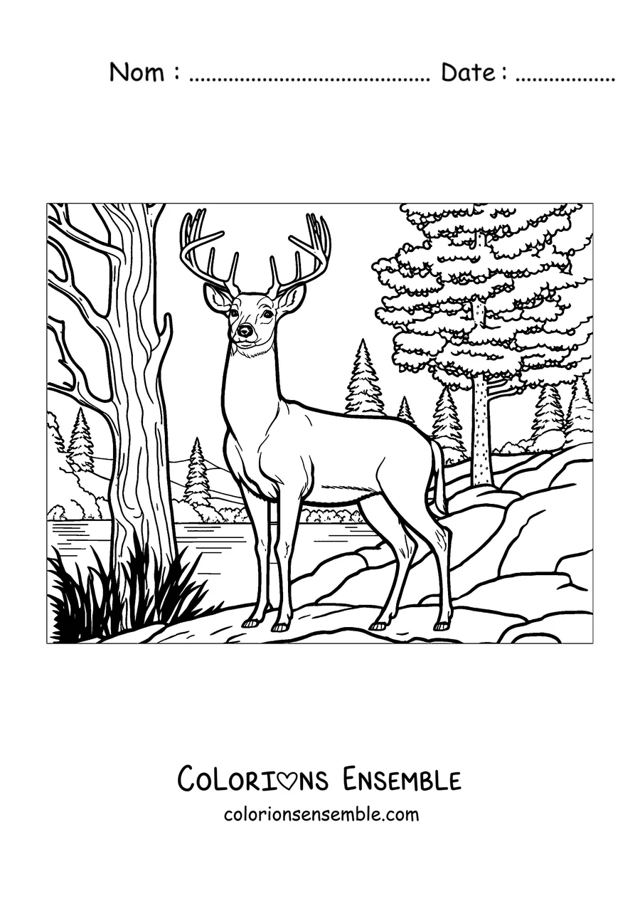 Coloriage d'un cerf adulte au bord de la rivière