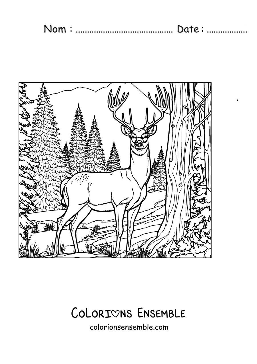 Coloriage d'un cerf dans la forêt de pins
