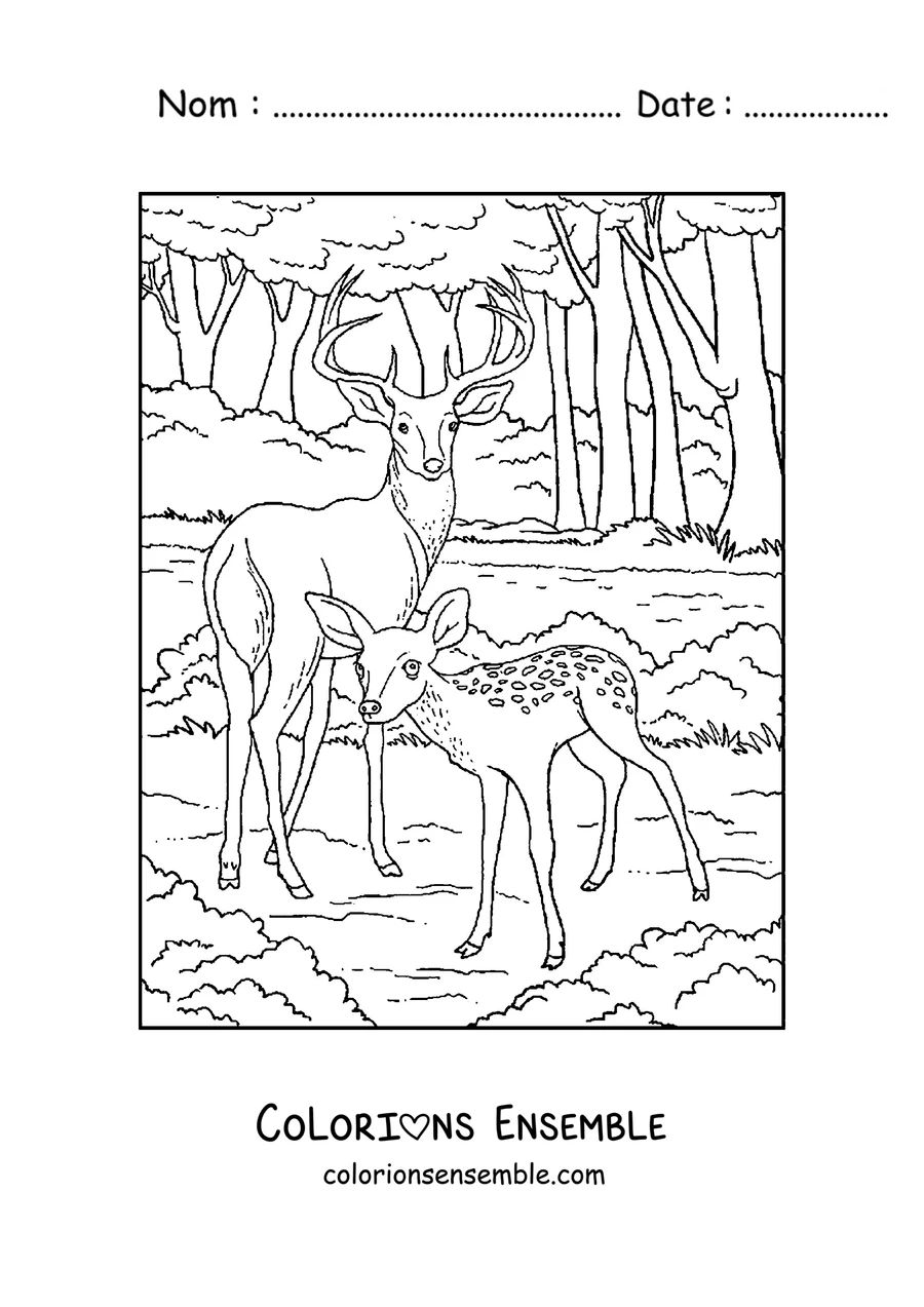 Coloriage d'un cerf et d'un faon dans la forêt