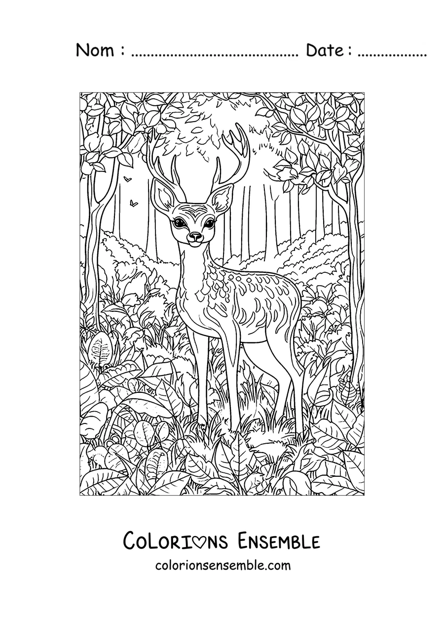 Coloriage d'un cerf parmi les feuilles de la forêt