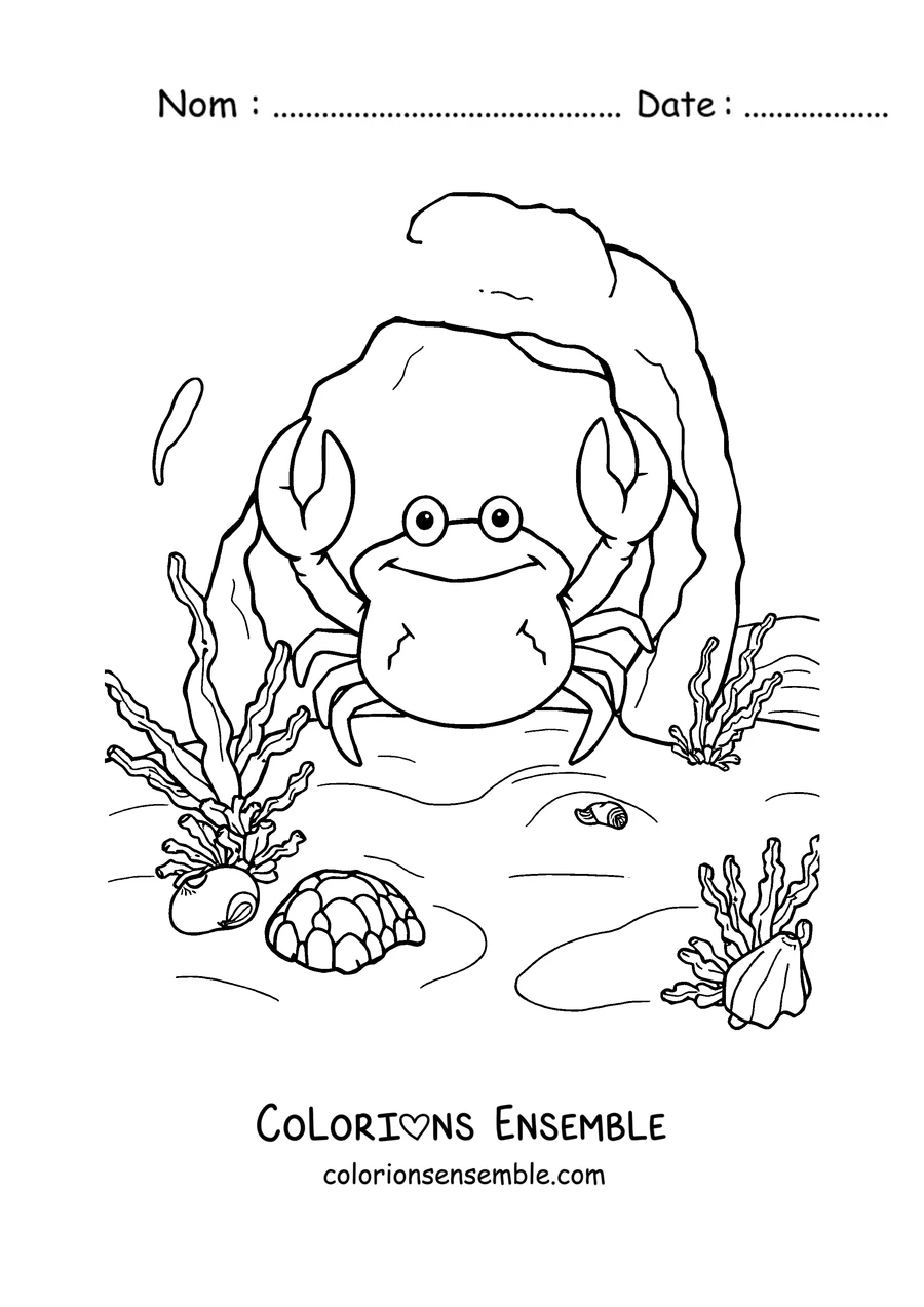 Coloriage d'un crabe au fond de la mer parmi les algues et les coquillages