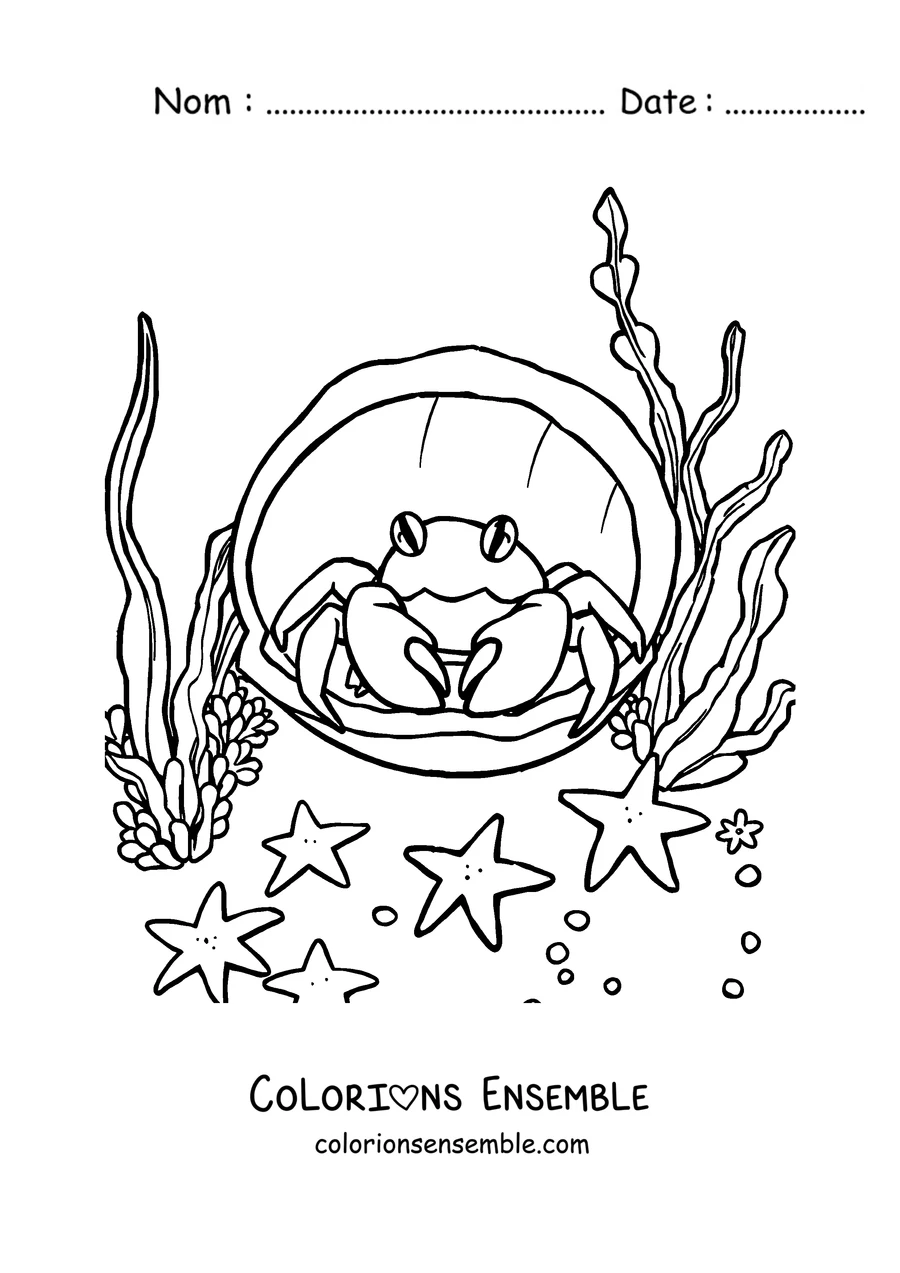 Coloriage d'un crabe qui pointe le nez dans un coquillage