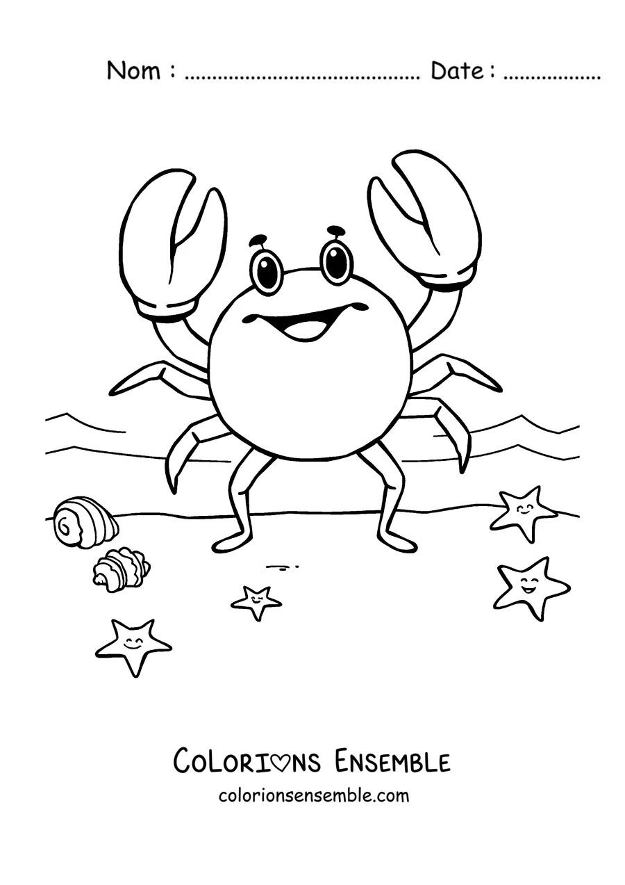 Coloriage d'un crabe souriant debout parmi les étoiles de mer