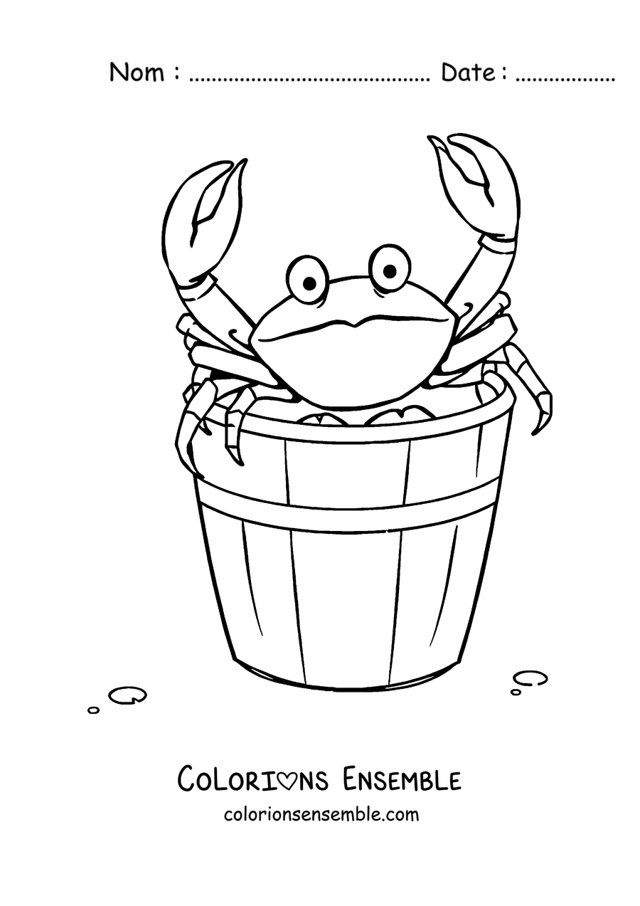 Coloriage d'un crabe qui sort d'un seau de plage