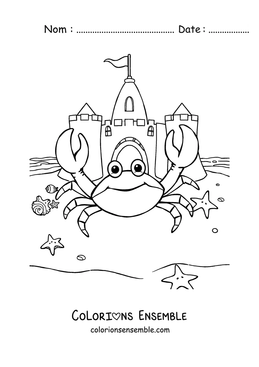 Coloriage d'un crabe sur la plage à côté d'un château de sable