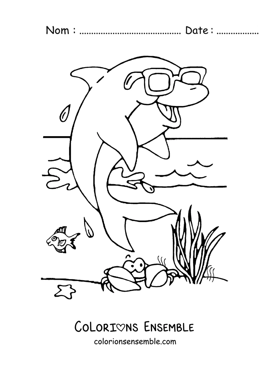 Coloriage d'un dauphin avec des lunettes de soleil à la plage