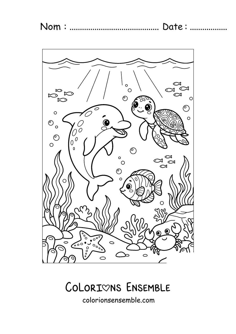 Coloriage d'un dauphin jouant avec une tortue de mer