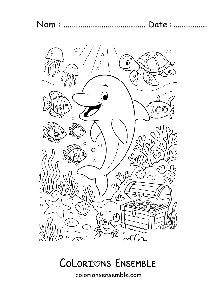 Coloriage d'un dauphin explorant les fonds marins avec un coffre au trésor