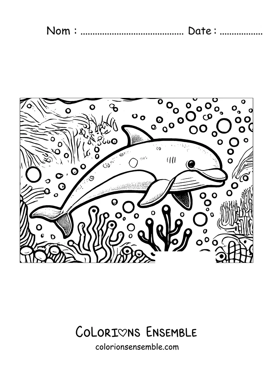 Coloriage d'un dauphin nageant dans le récif de corail