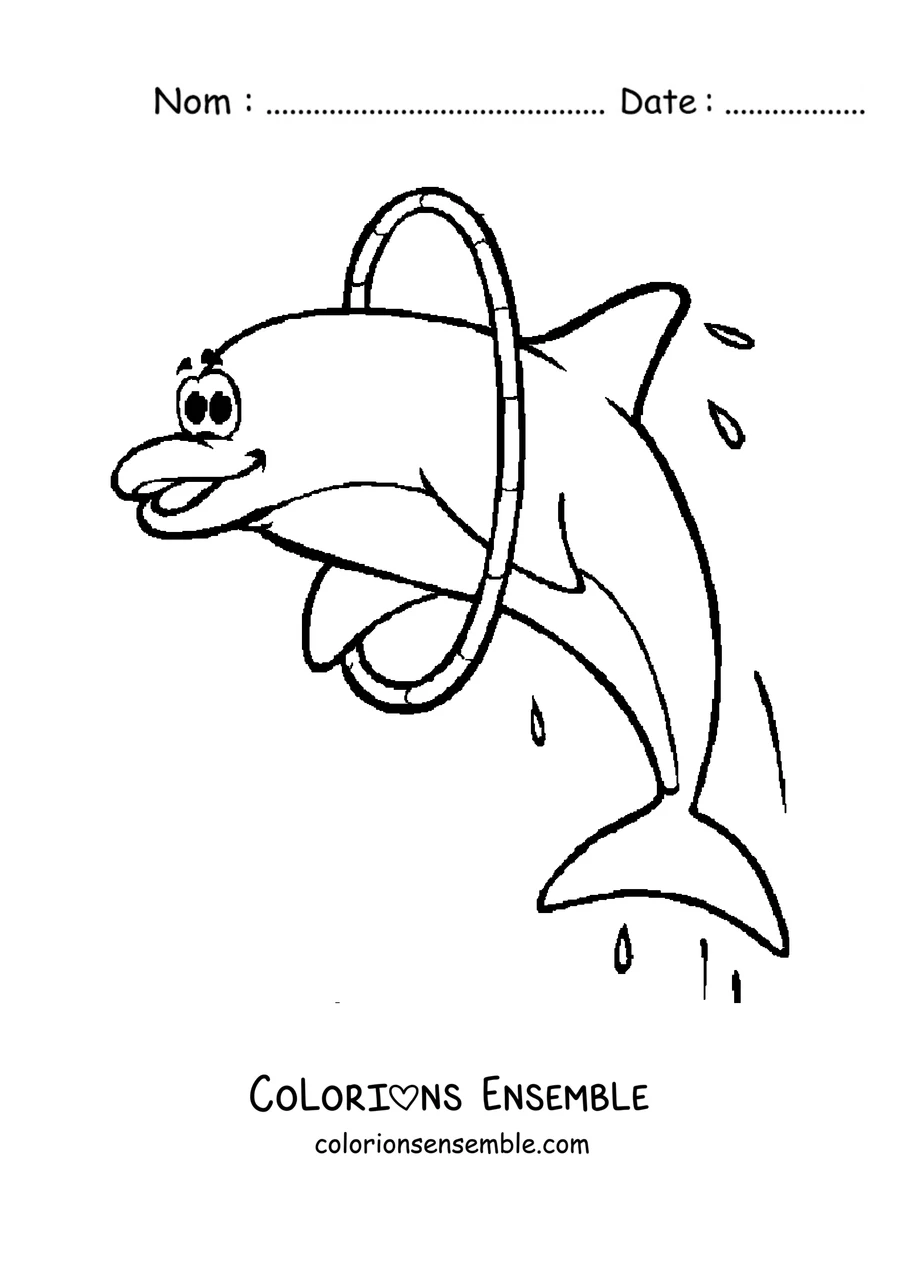 Coloriage d'un dauphin sautant à travers un cerceau