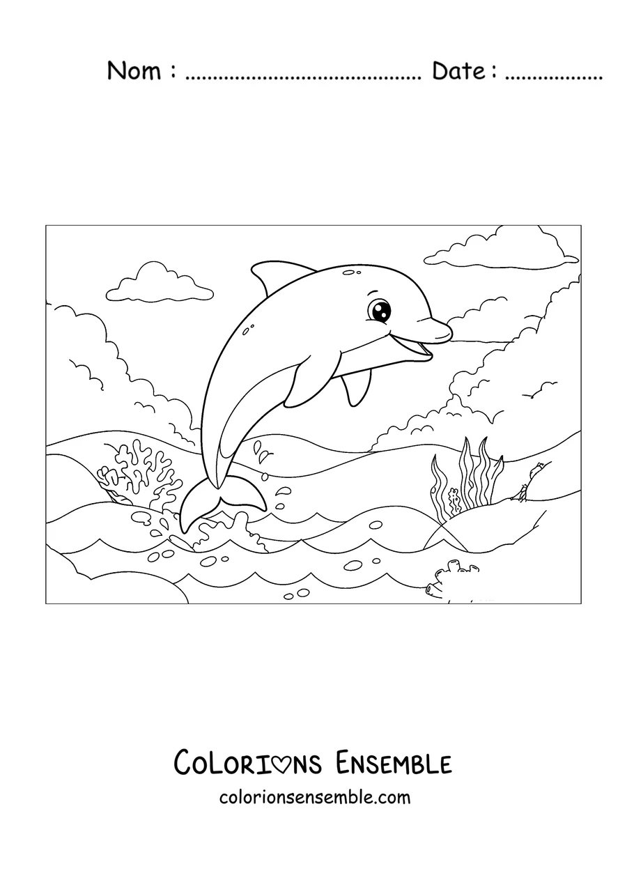 Coloriage d'un dauphin sautant au-dessus de la mer