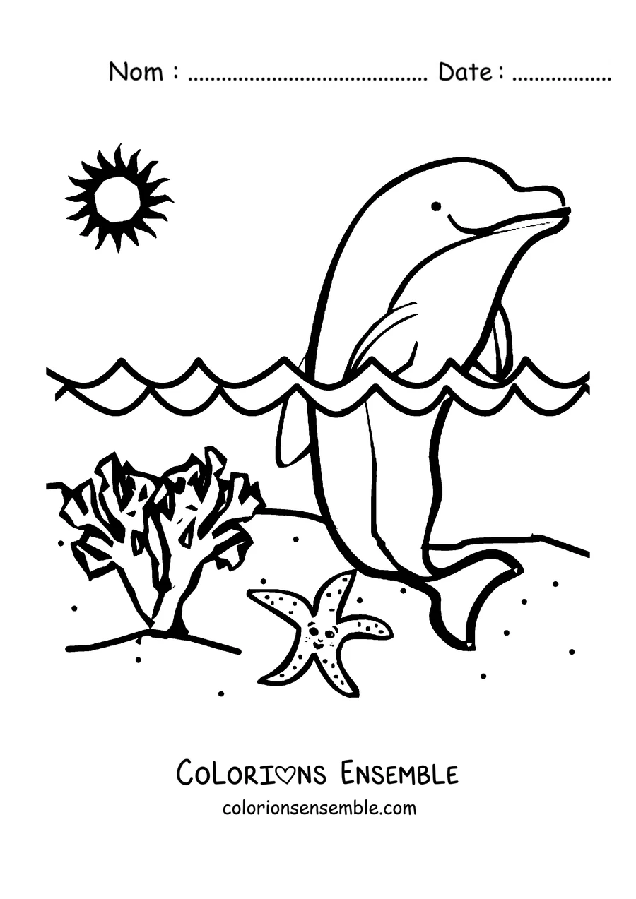 Coloriage d'un dauphin sautant devant le soleil