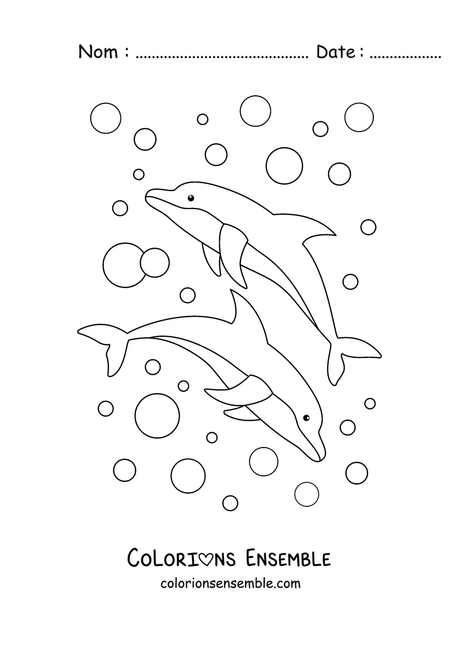 Coloriage de deux dauphins nageant parmi les bulles
