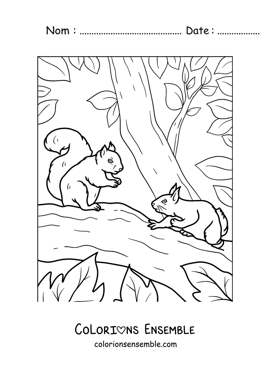 Coloriage de deux écureuils qui jouent sur une branche