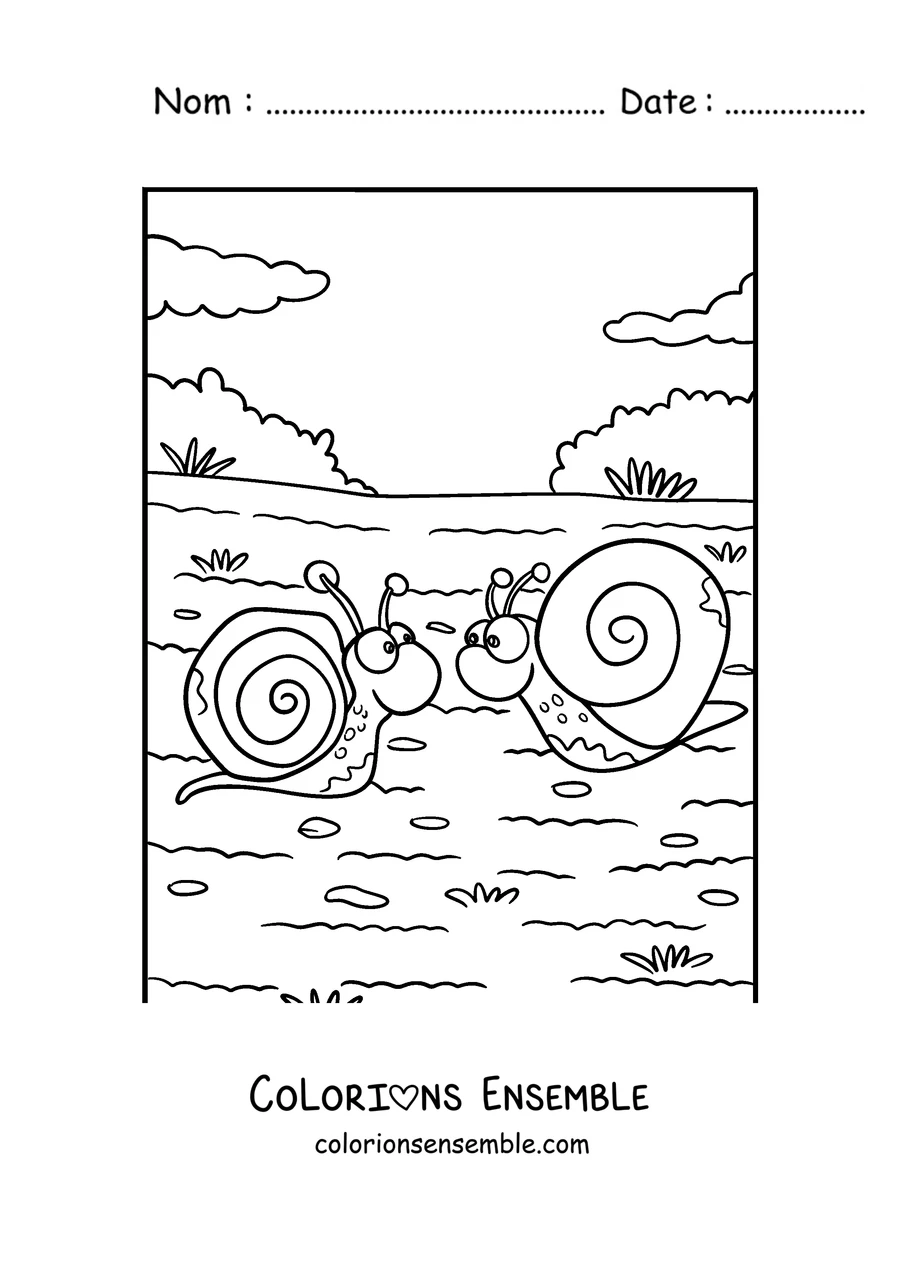 Coloriage de deux escargots qui se rencontrent sur un chemin