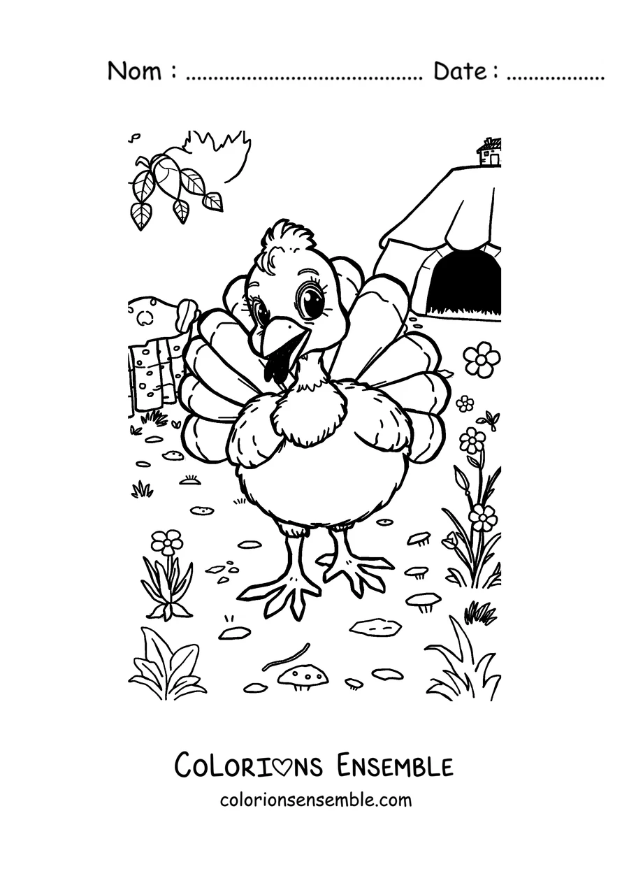 Coloriage d'une dinde contente se promenant dans la prairie