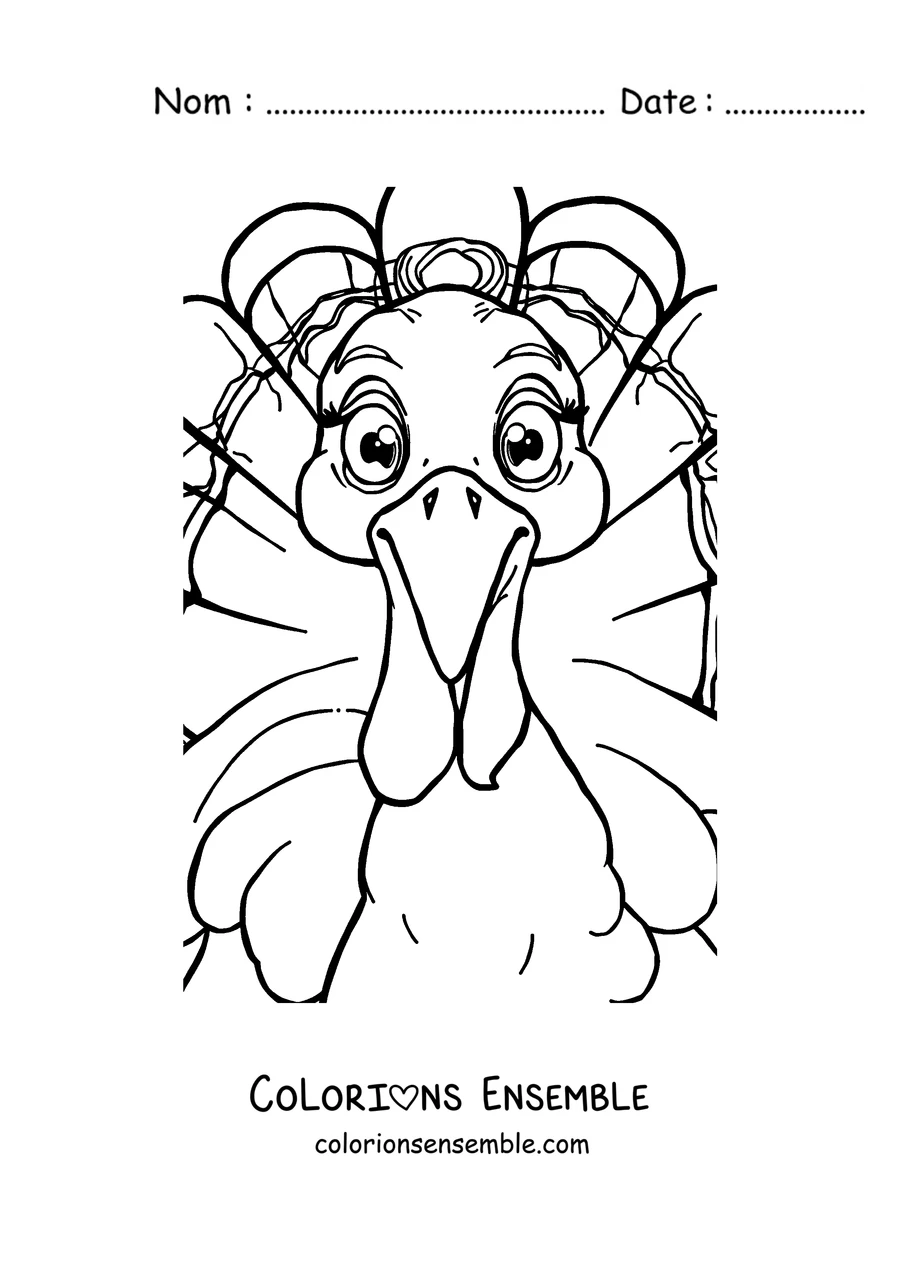 Coloriage d'une dinde de dessin animé avec un grand sourire
