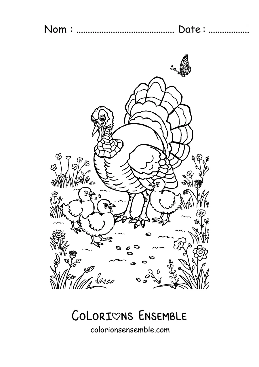 Coloriage d'une dinde entourée de feuilles d'automne