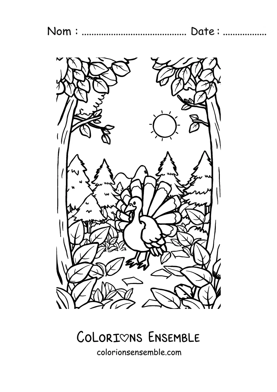 Coloriage d'une dinde dans la forêt en automne