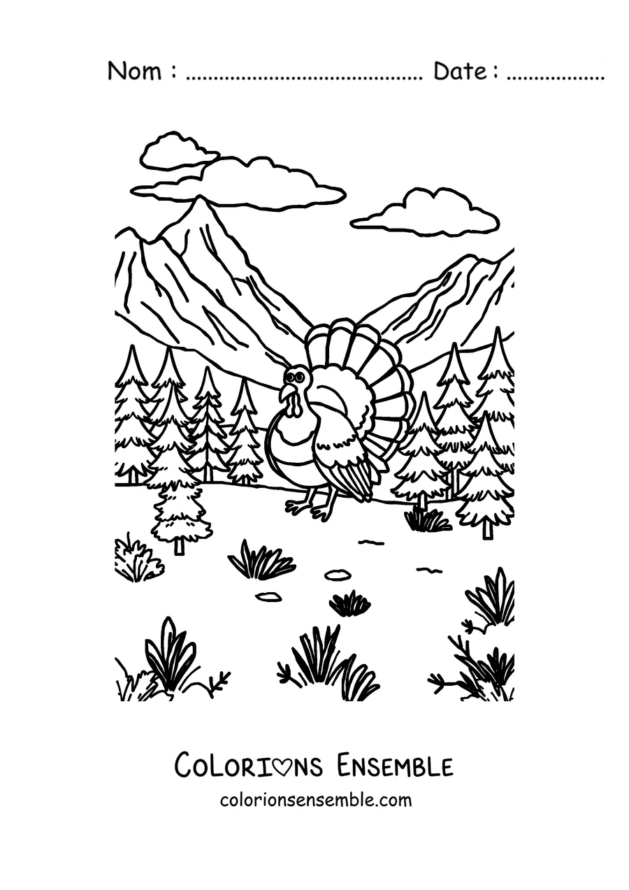 Coloriage d'une dinde dans un paysage de montagne