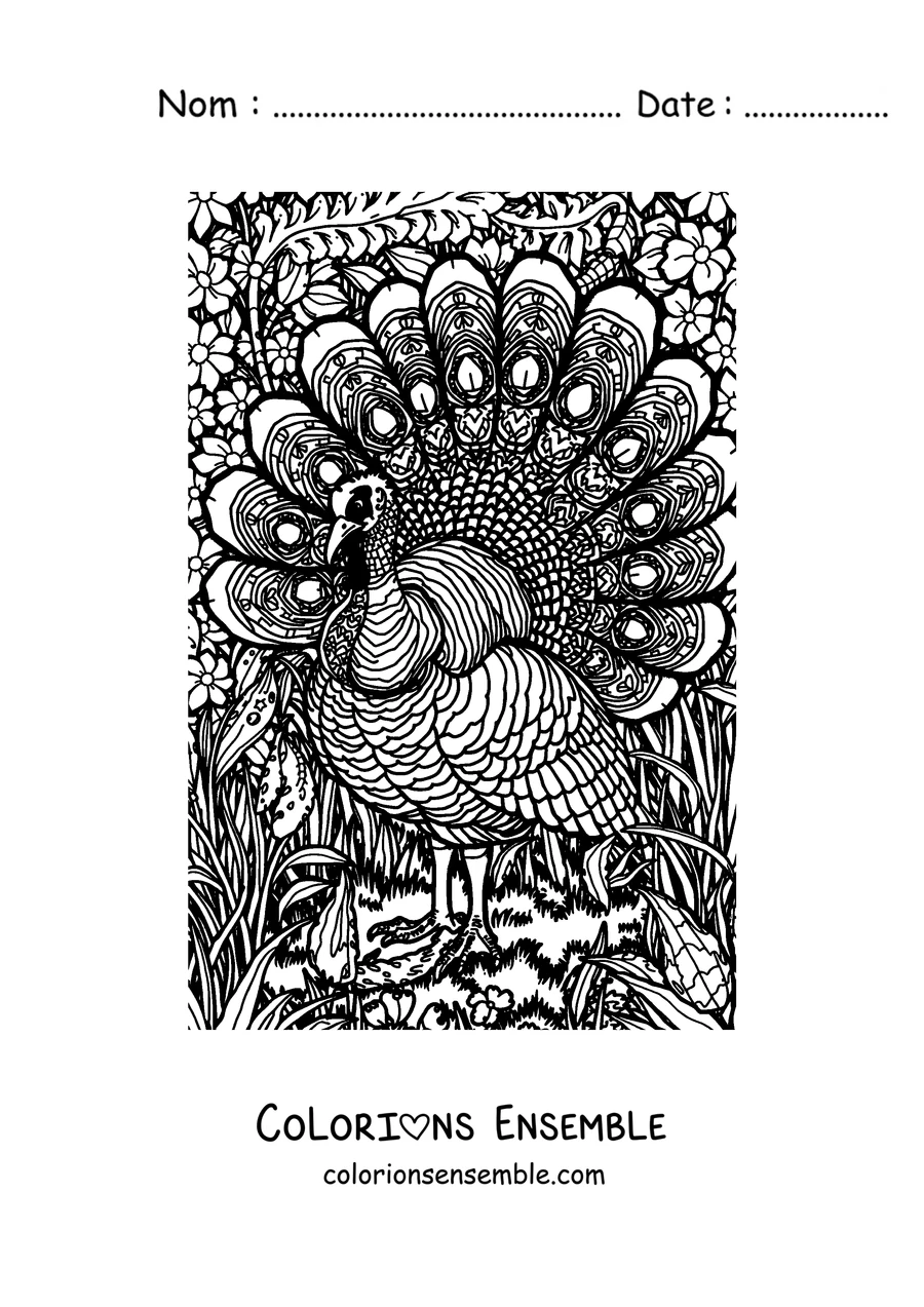 Coloriage d'une dinde aux plumes pleines de motifs