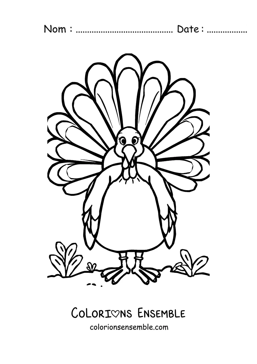 Coloriage d'une dinde avec la queue de plumes bien déployée