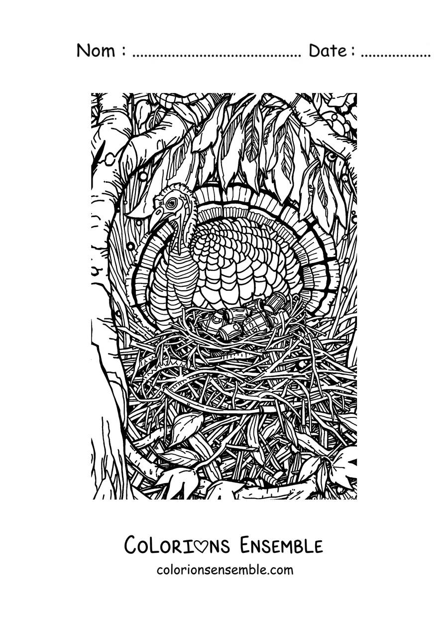 Coloriage d'une dinde réaliste debout dans l'herbe