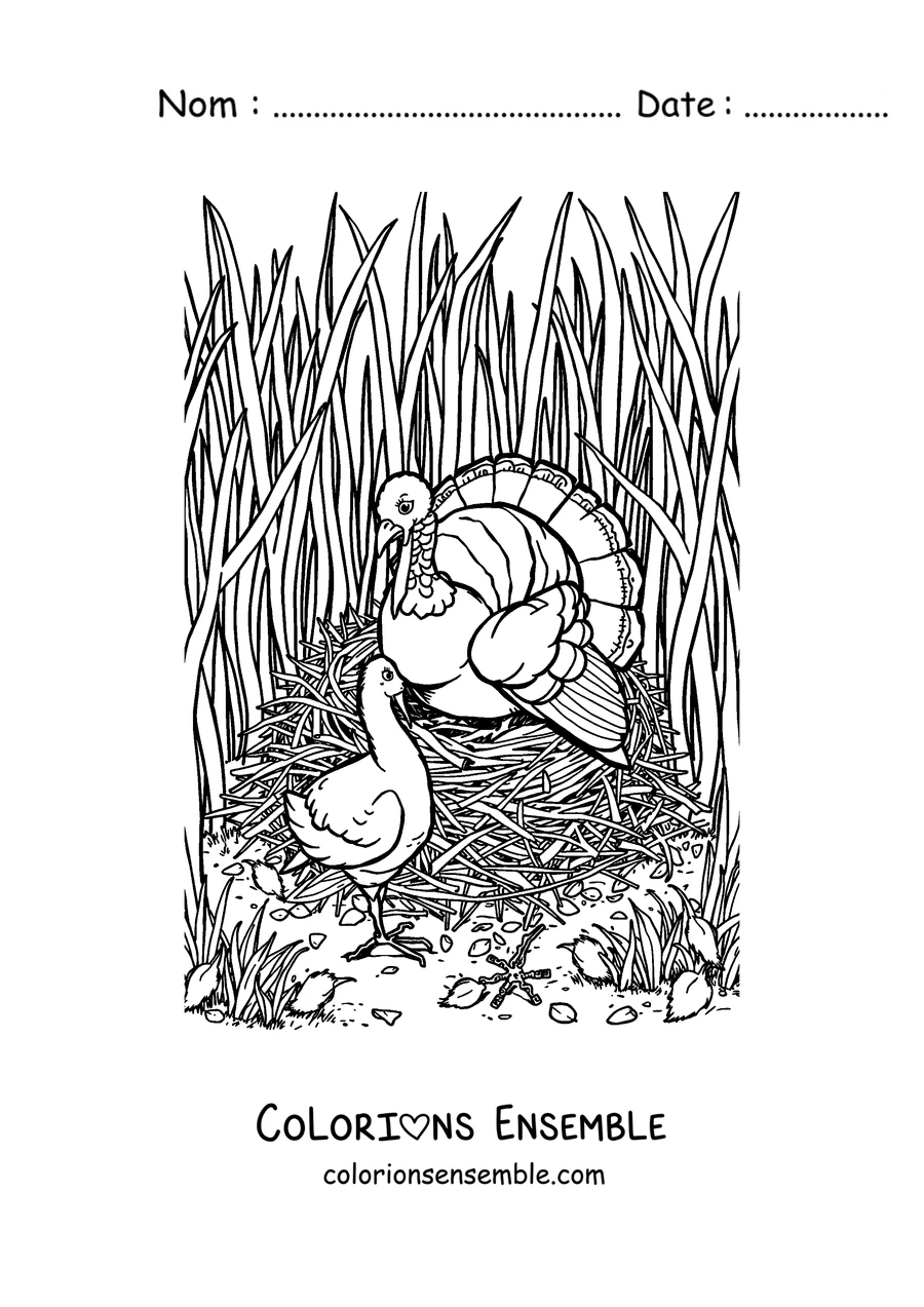 Coloriage d'une dinde réaliste marchant dans l'herbe