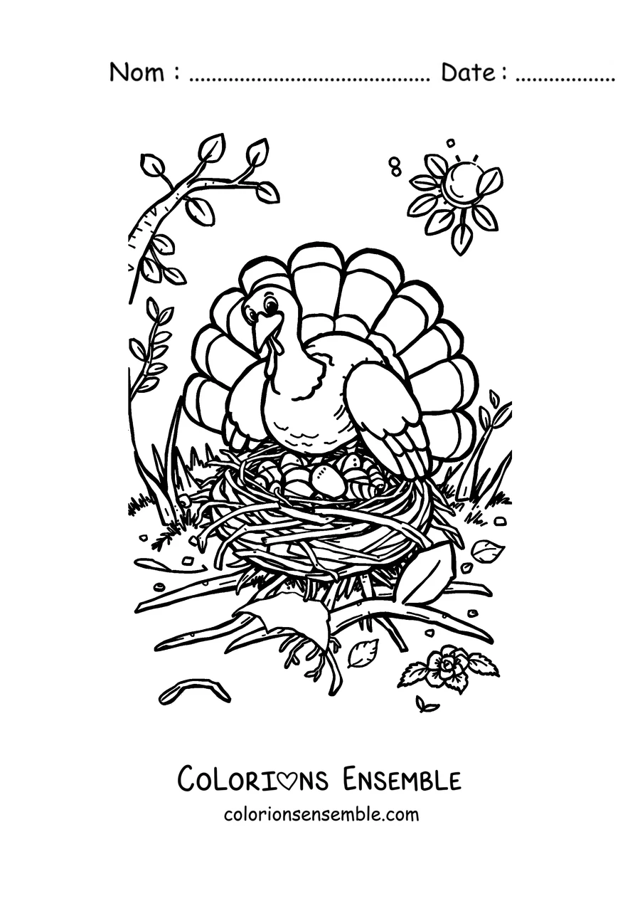 Coloriage d'une dinde au repos sur l'herbe