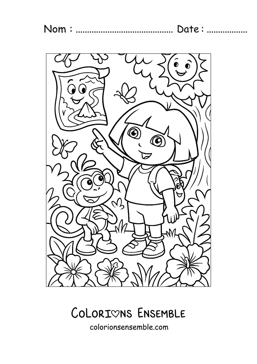 Coloriage de Dora l'exploratrice qui montre la Carte à côté de Babouche
