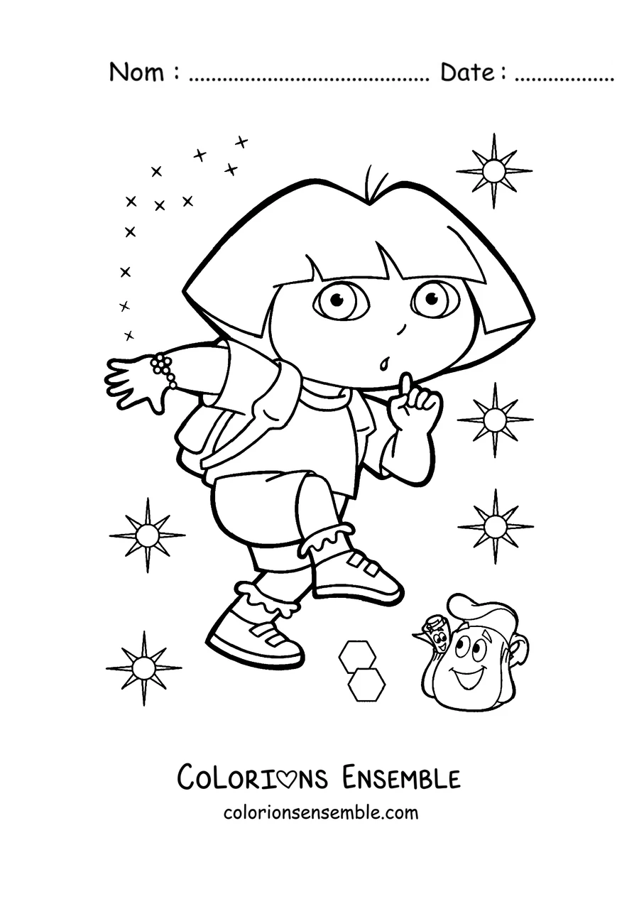 Coloriage de Dora l'exploratrice avec son sac à dos parmi les étoiles