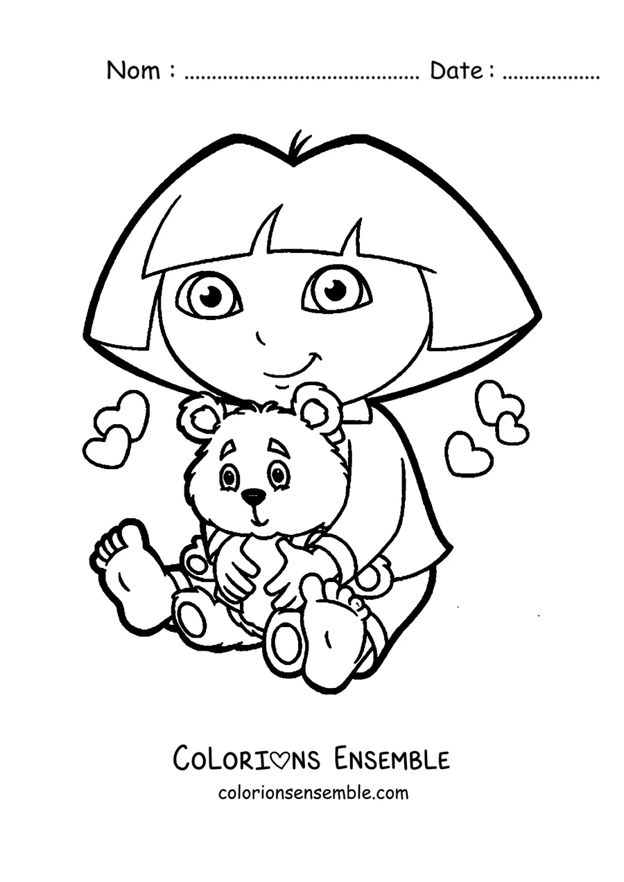 Coloriage de Dora l'exploratrice qui serre un nounours dans ses bras