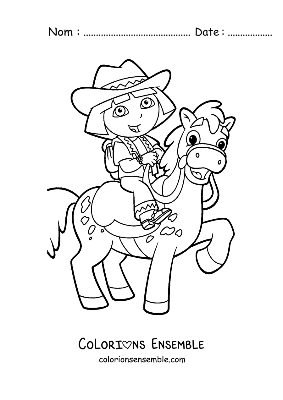 Coloriage de Dora l'exploratrice habillée en cow-girl montant à cheval