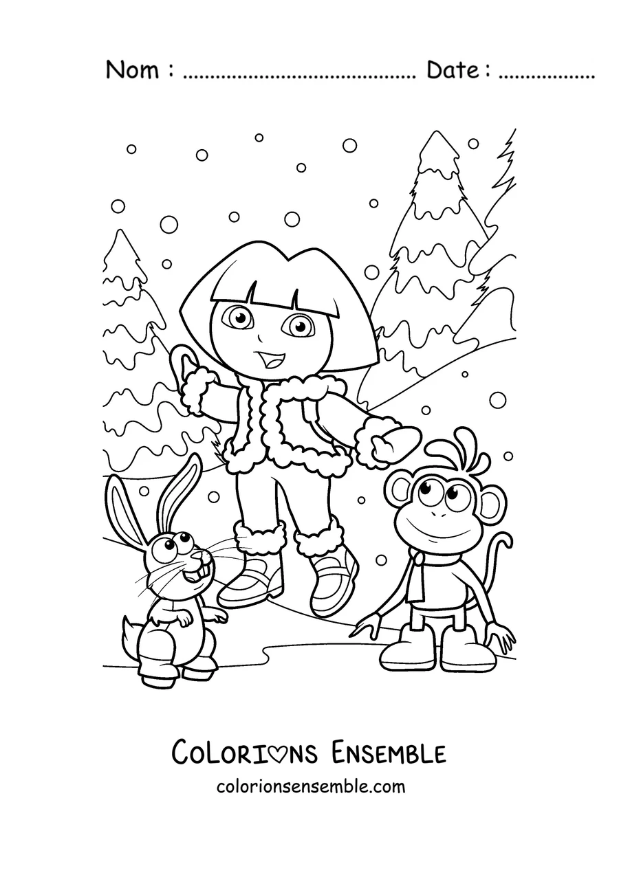Coloriage de Dora l'exploratrice dans la neige avec Babouche et un lapin