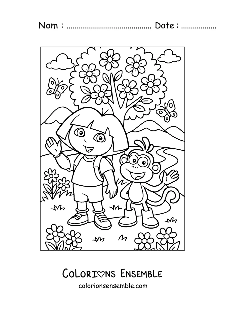 Coloriage de Dora l'exploratrice et Babouche dans un champ de fleurs