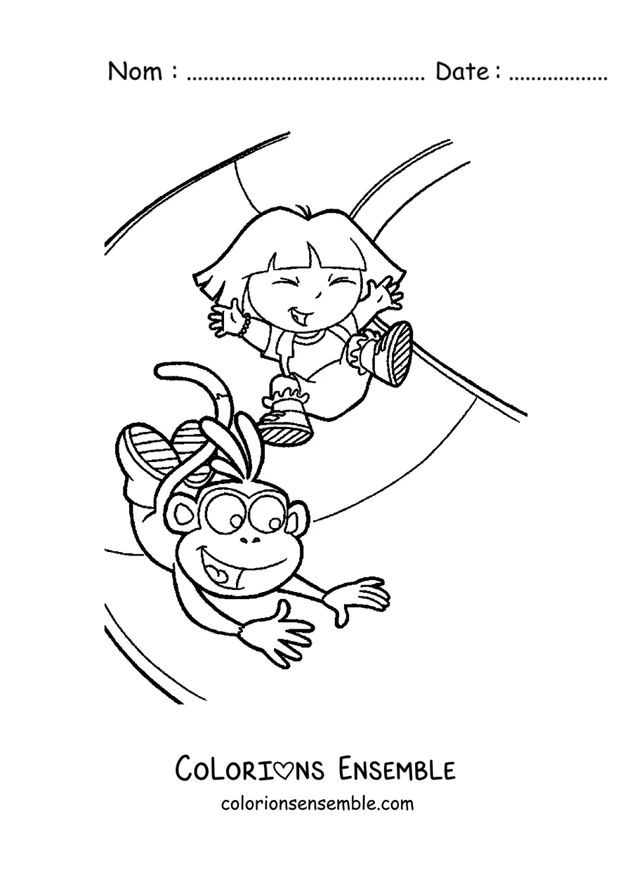 Coloriage de Dora l'exploratrice et Babouche qui se balancent sur une liane