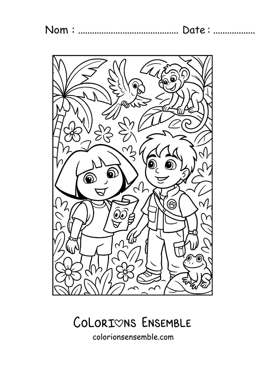 Coloriage de Dora l'exploratrice et son cousin Diego dans la jungle