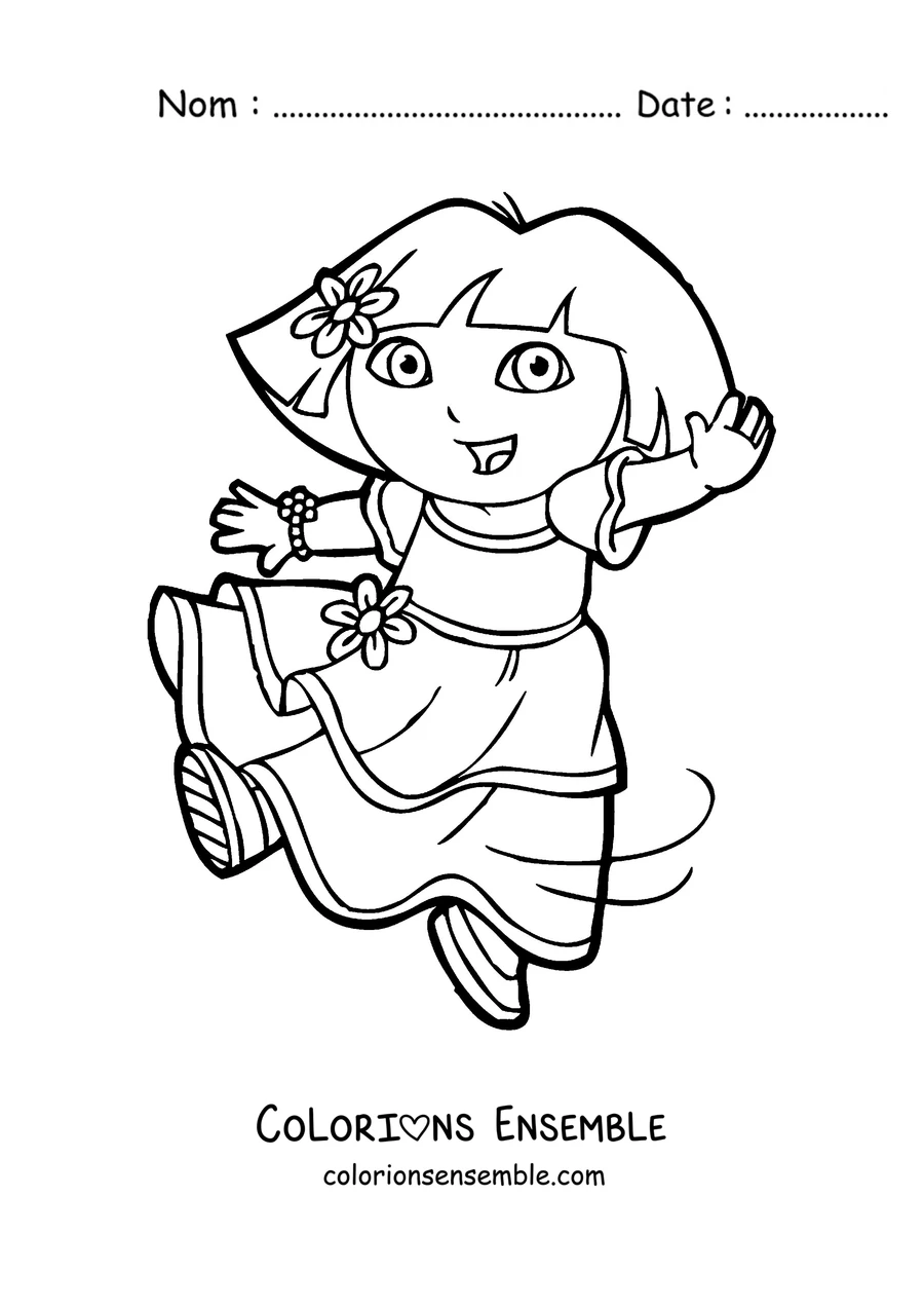 Coloriage de Dora l'exploratrice qui danse avec une fleur dans les cheveux