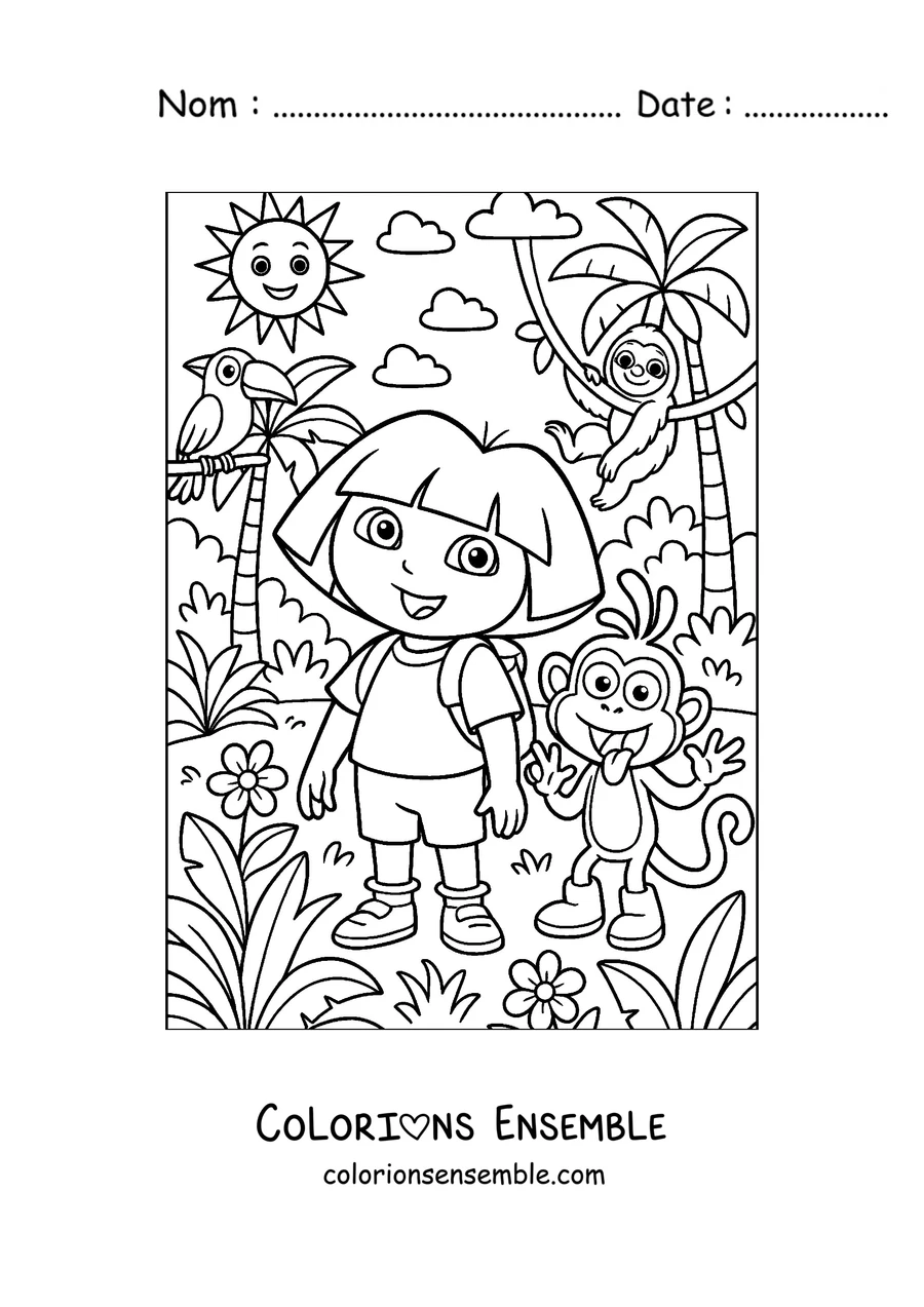 Coloriage de Dora l'exploratrice qui explore la jungle avec un perroquet