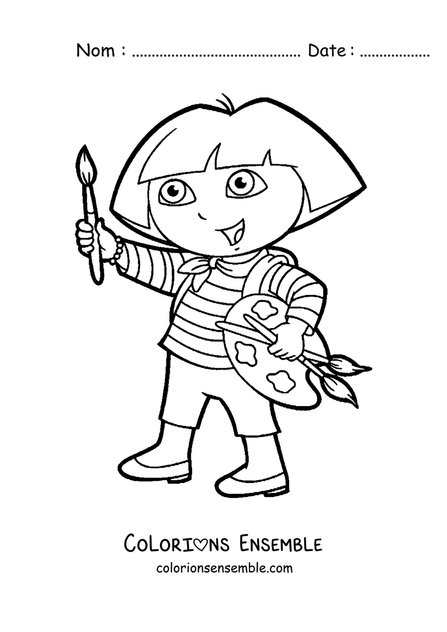 Coloriage de Dora l'exploratrice qui peint avec une palette et un pinceau