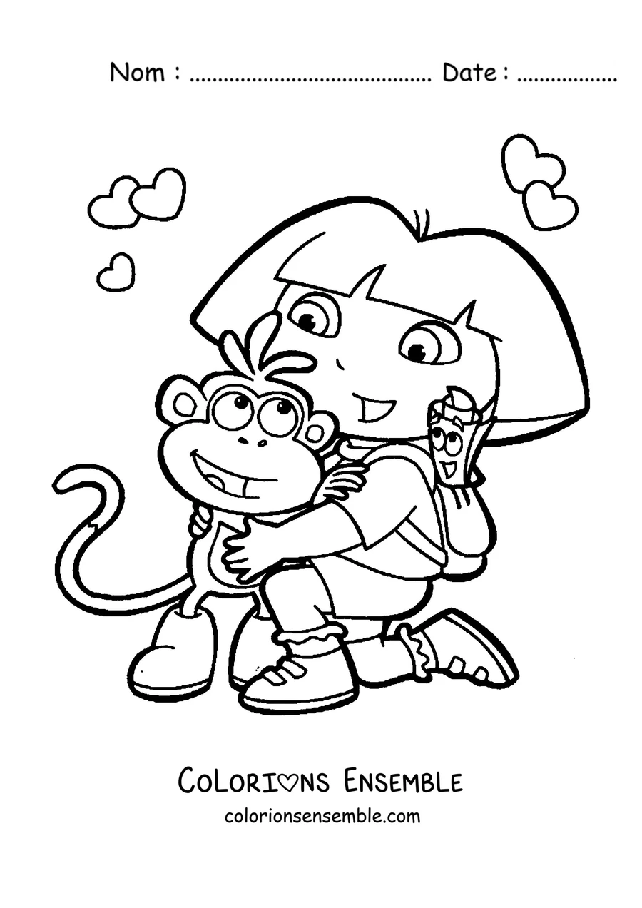 Coloriage de Dora l'exploratrice qui serre Babouche dans ses bras avec une glace