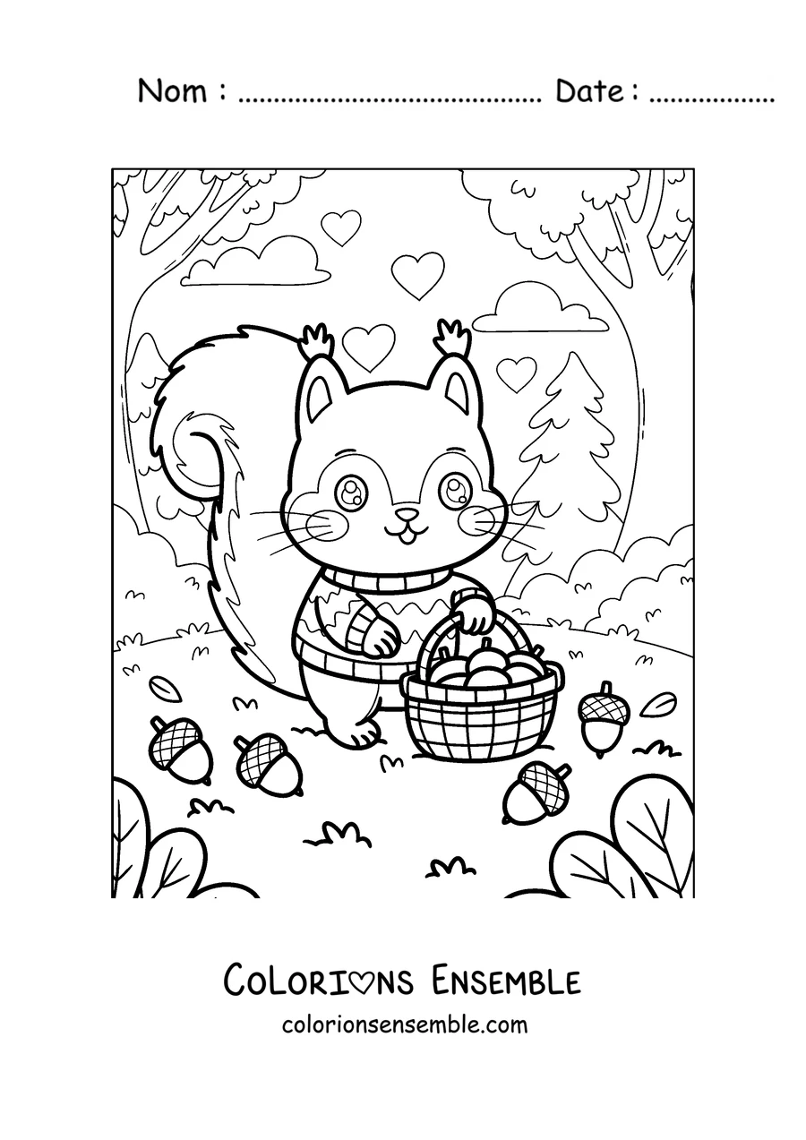 Coloriage d'un écureuil en pull avec un panier de glands