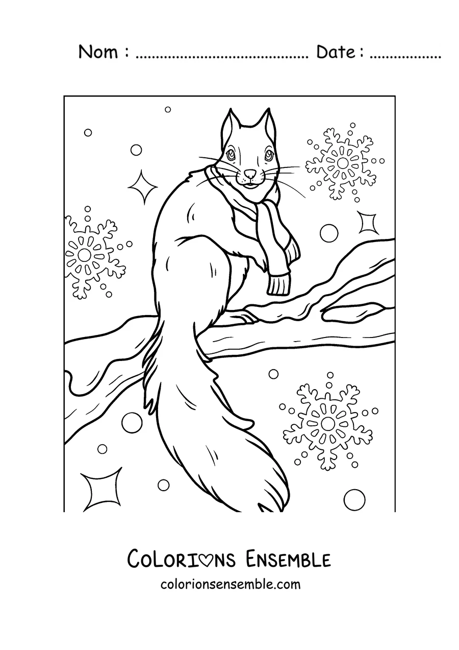 Coloriage d'un écureuil avec une écharpe sur une branche enneigée