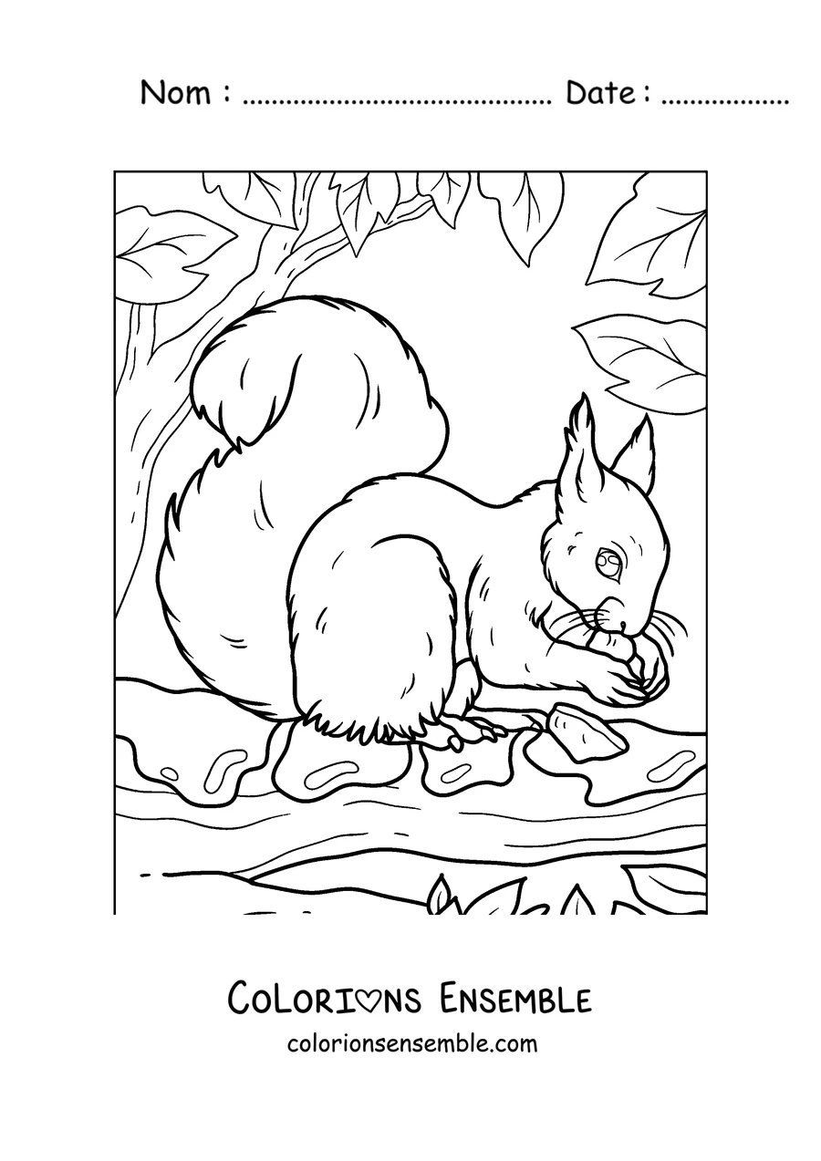Coloriage d'un écureuil qui cherche des noix sur le sol